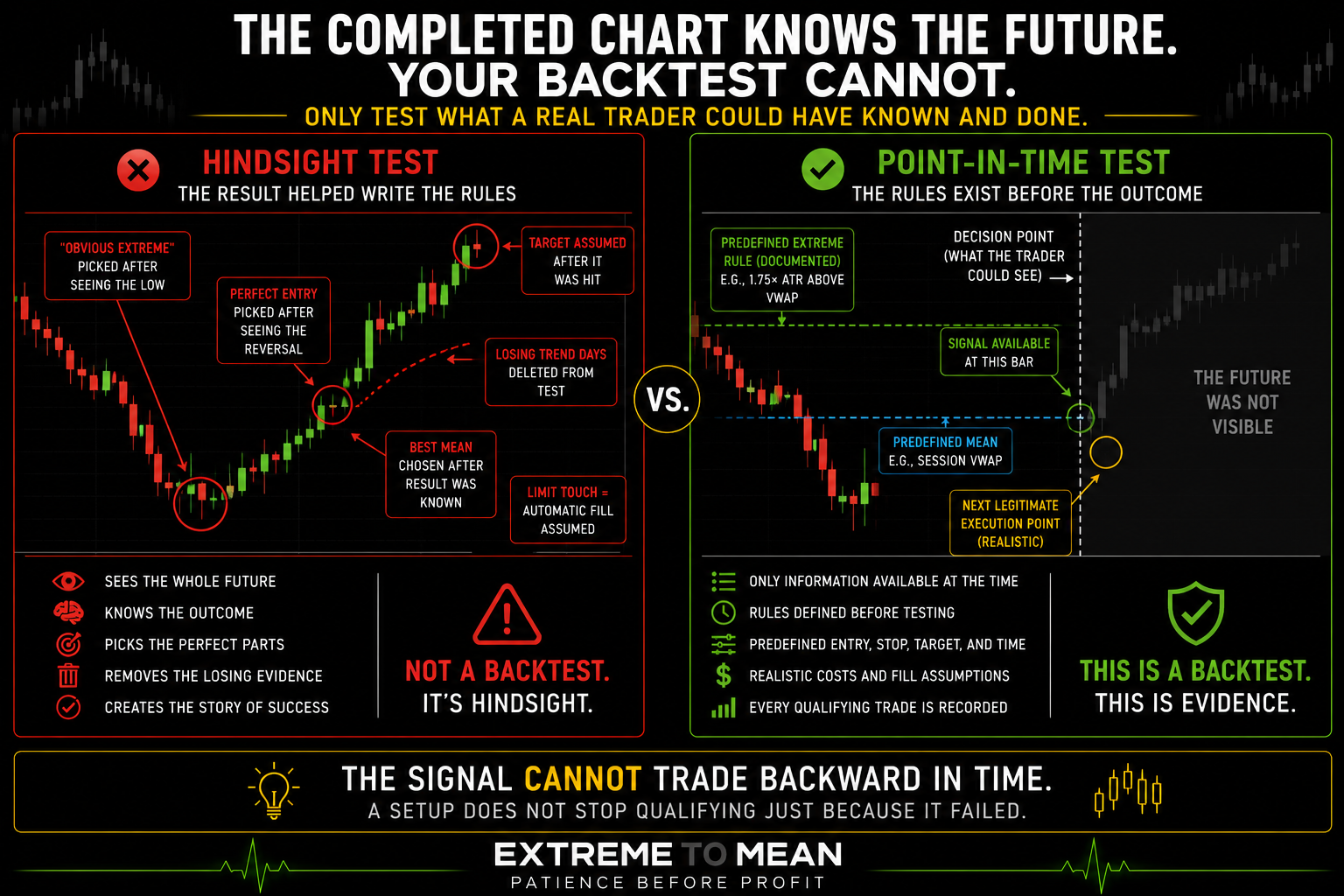 Side-by-side mean-reversion backtesting diagram comparing a hindsight-contaminated finished chart with a point-in-time test where future candles are hidden and the entry, mean, stop, target, and fill rules were defined before the outcome.