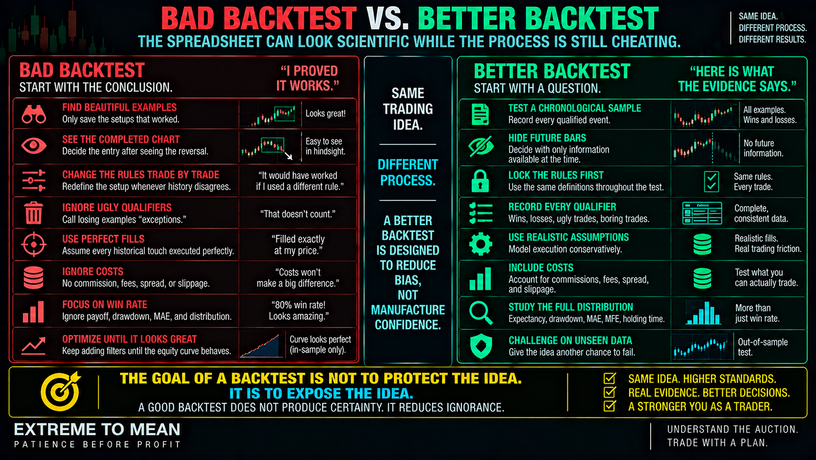 ETM split-screen infographic comparing a biased backtest that cherry-picks examples, sees future data, changes rules, ignores costs, and focuses on win rate with a better backtest using chronological samples, locked rules, hidden future bars, realistic costs, full outcome analysis, and unseen data.