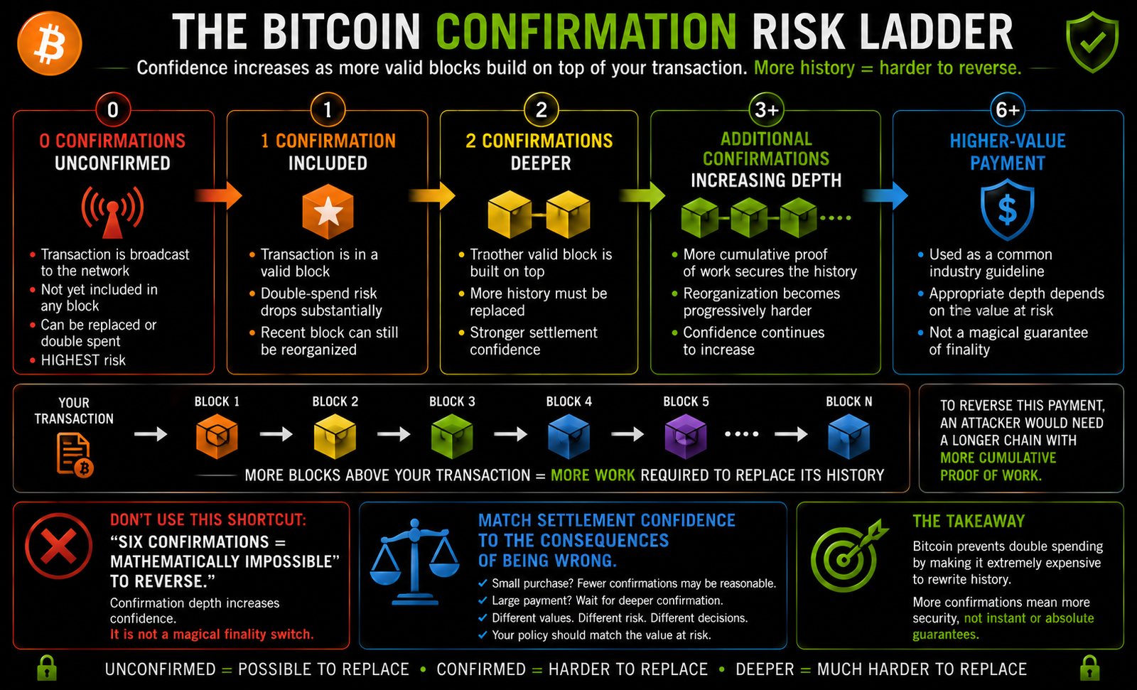 Horizontal Bitcoin confirmation ladder showing how settlement confidence increases from an unconfirmed transaction through one, two, and deeper confirmations as progressively more proof-of-work history would need to be replaced.