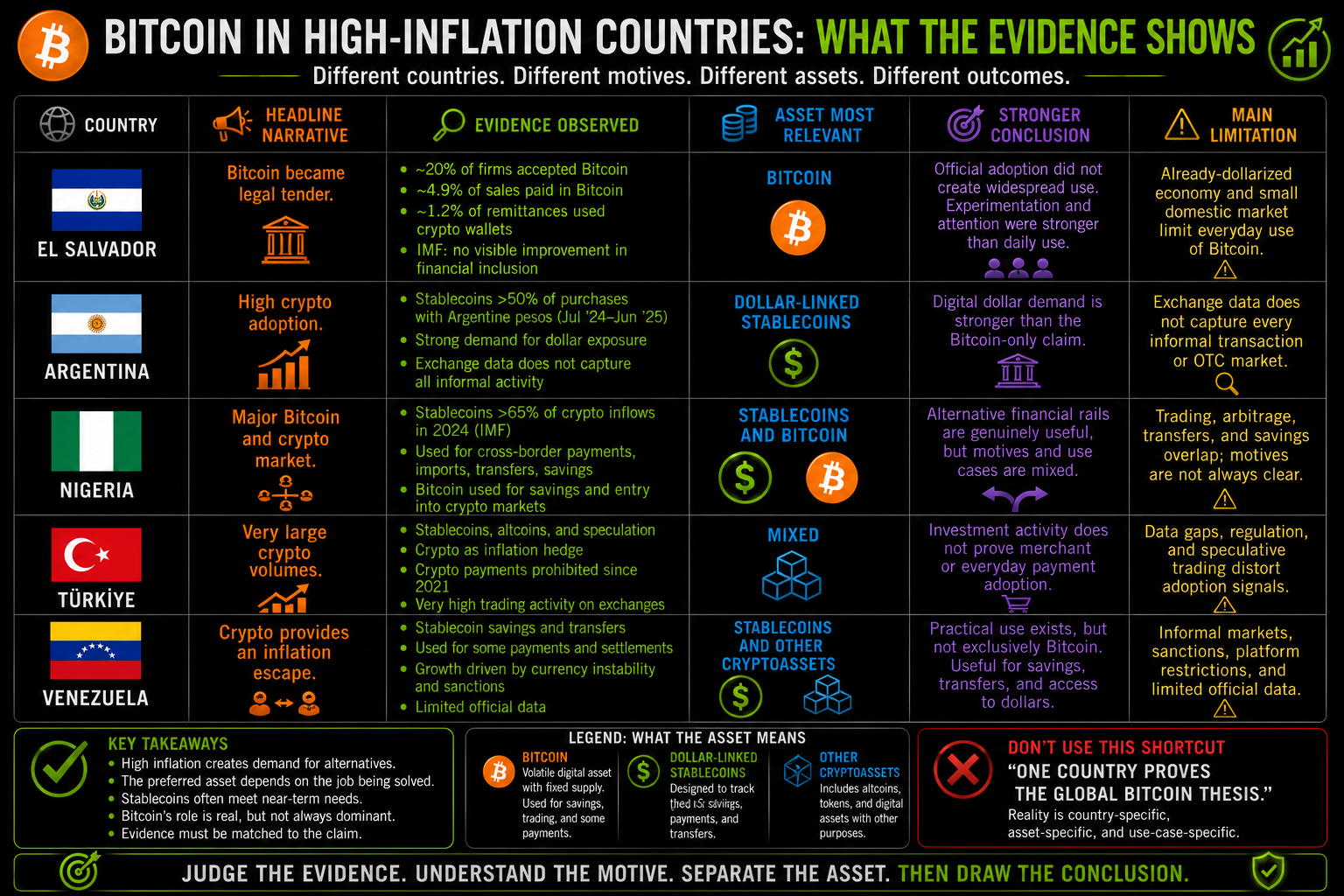 Horizontal evidence matrix comparing Bitcoin, stablecoin, payment, savings, remittance, and exchange activity in El Salvador, Argentina, Nigeria, Türkiye, and Venezuela.