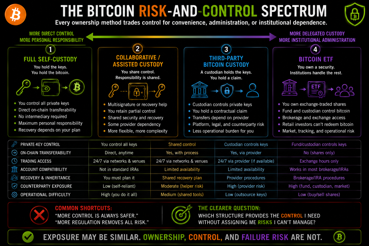 Horizontal spectrum comparing full Bitcoin self-custody, collaborative custody, third-party custody, and Bitcoin ETF ownership by private-key control, transferability, account access, responsibility, and counterparty risk.