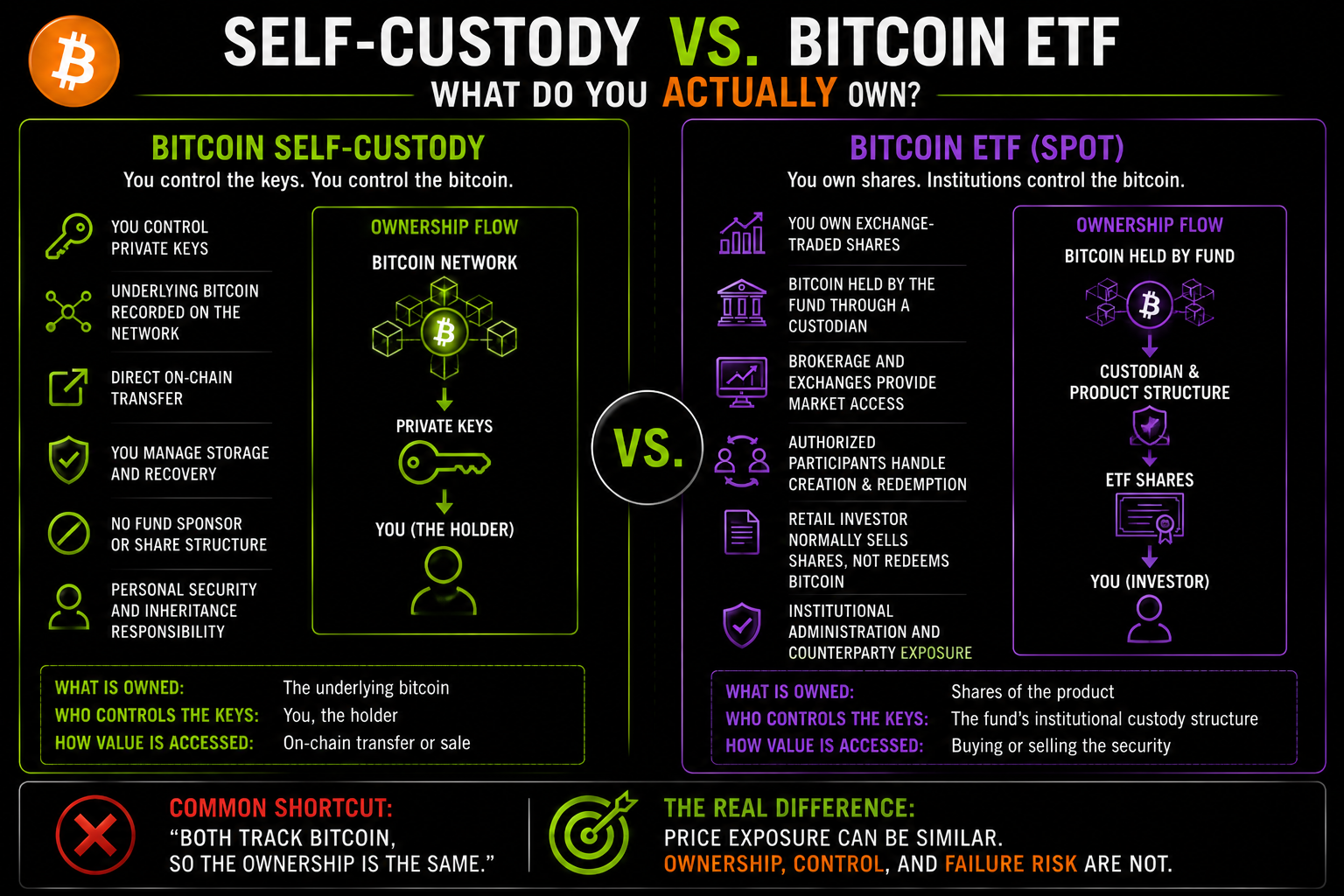Horizontal comparison showing that Bitcoin self-custody gives the holder direct control through private keys while a Bitcoin ETF gives the investor exchange-traded shares connected to bitcoin held by institutional custodians.