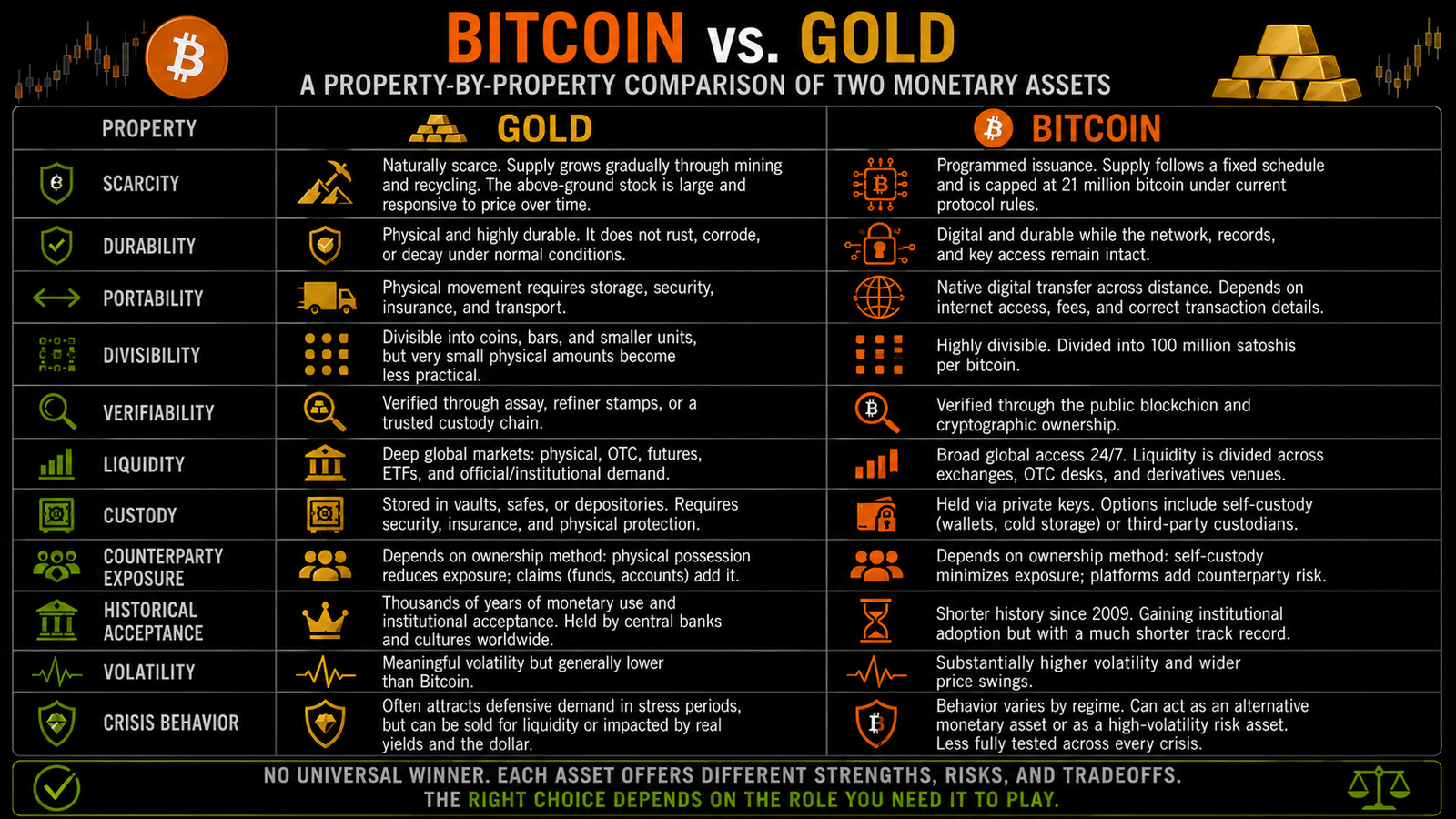 Horizontal property-by-property comparison of Bitcoin and gold across scarcity, durability, portability, divisibility, verifiability, liquidity, custody, counterparty exposure, history, volatility, and crisis behavior.