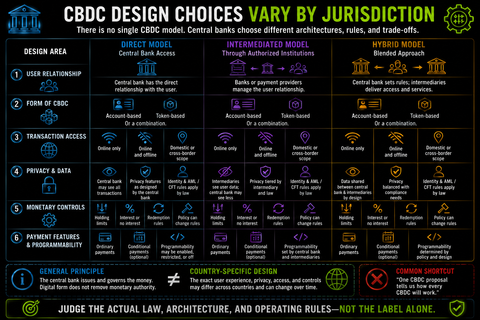 Horizontal CBDC design matrix showing how jurisdictions can choose different user relationships, account or token structures, privacy models, offline access, holding limits, monetary controls, and payment features.