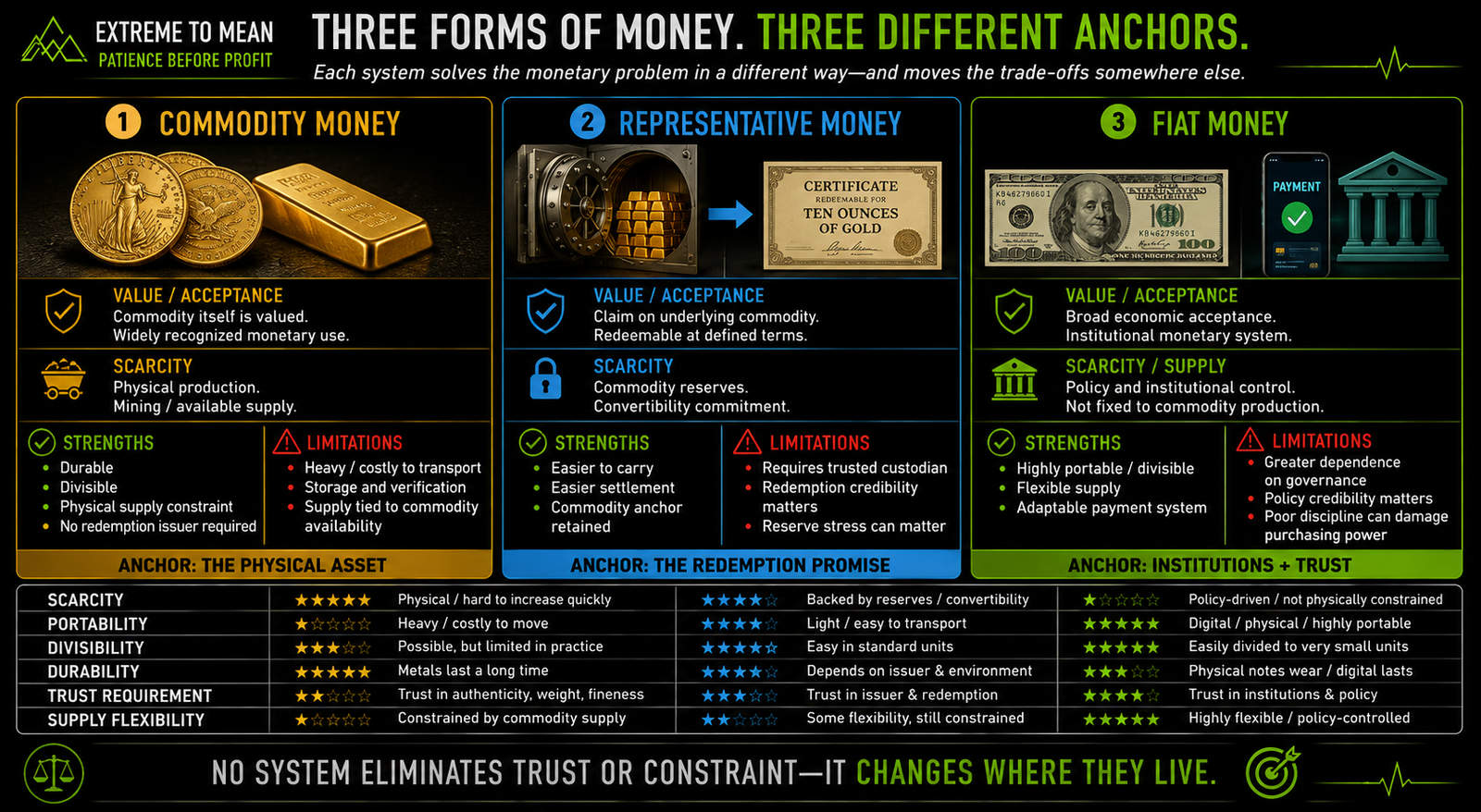 Three-column comparison of commodity money, representative money, and fiat money showing each system's source of acceptance, scarcity mechanism, portability, trust requirements, strengths, and limitations.