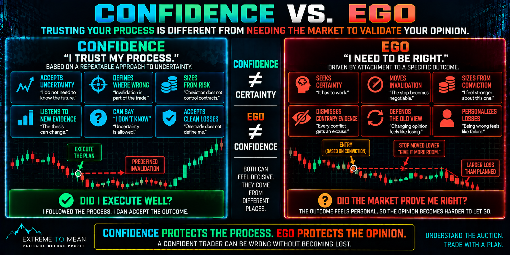 Split trading infographic contrasting process-based confidence that accepts uncertainty, defines invalidation, sizes from risk, listens to evidence, and accepts clean losses with ego-driven trading that seeks certainty, moves stops, sizes from conviction, dismisses contrary evidence.