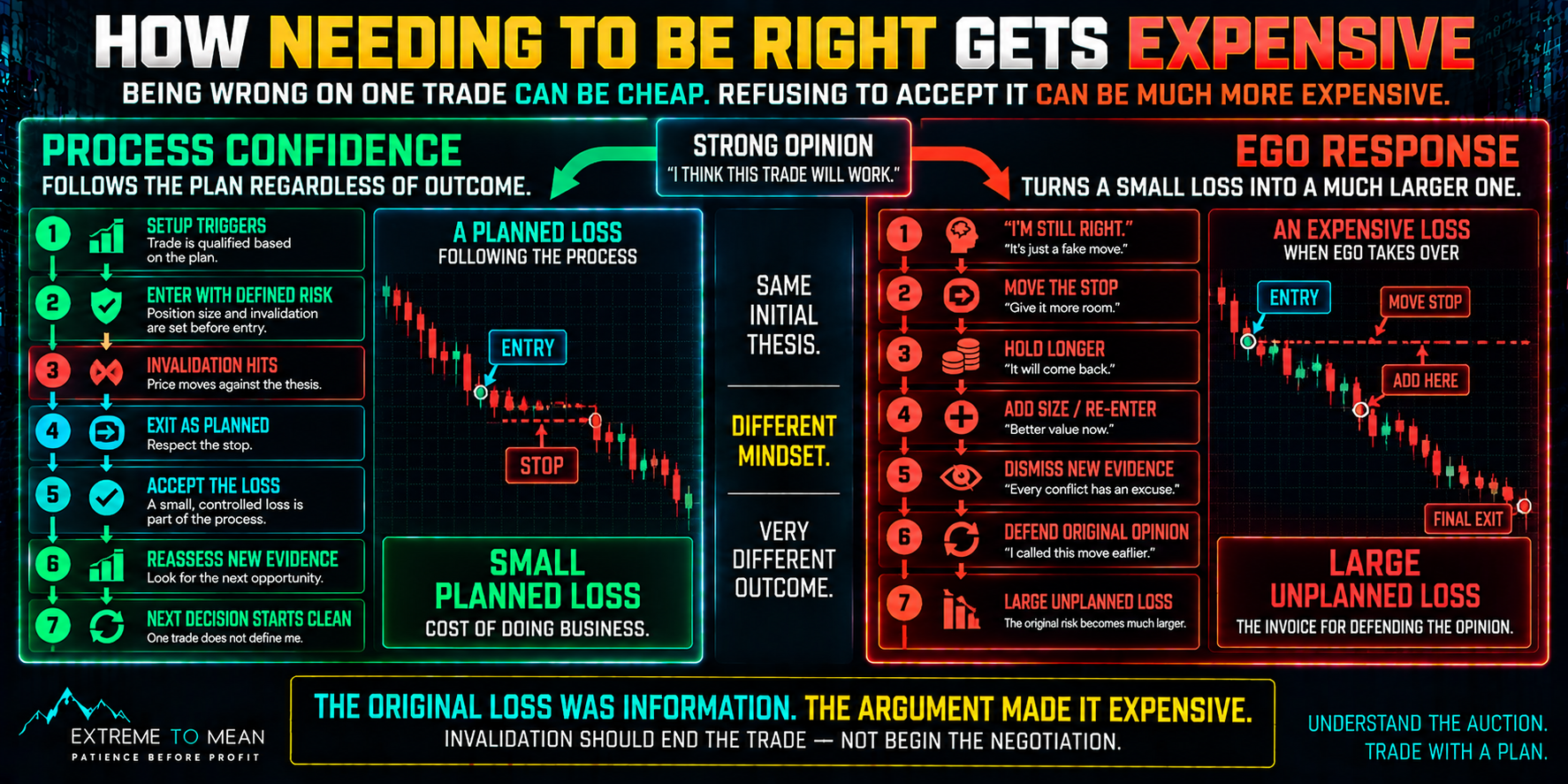 Trading decision flow comparing a process-based response to invalidation—exit, accept the planned loss, and reassess—with an ego-driven response that moves the stop, holds longer, adds size, dismisses new evidence, and turns a small planned loss into a larger unplanned loss.