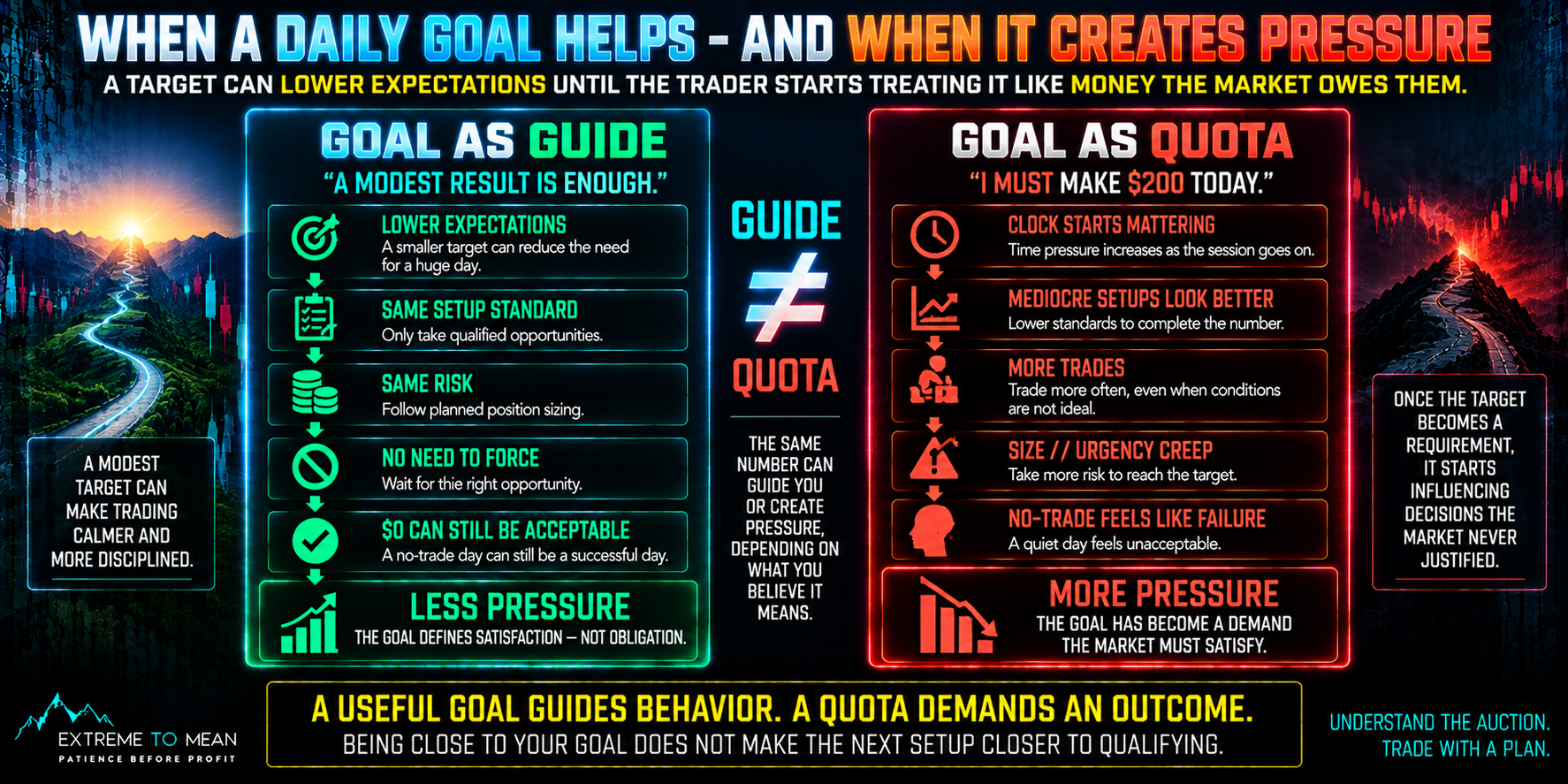 Split trading infographic comparing a daily goal used as a flexible guide that preserves setup standards, risk, and permission to finish flat with a daily goal treated as a quota that creates time pressure, weaker setup standards, more trades, and urgency.