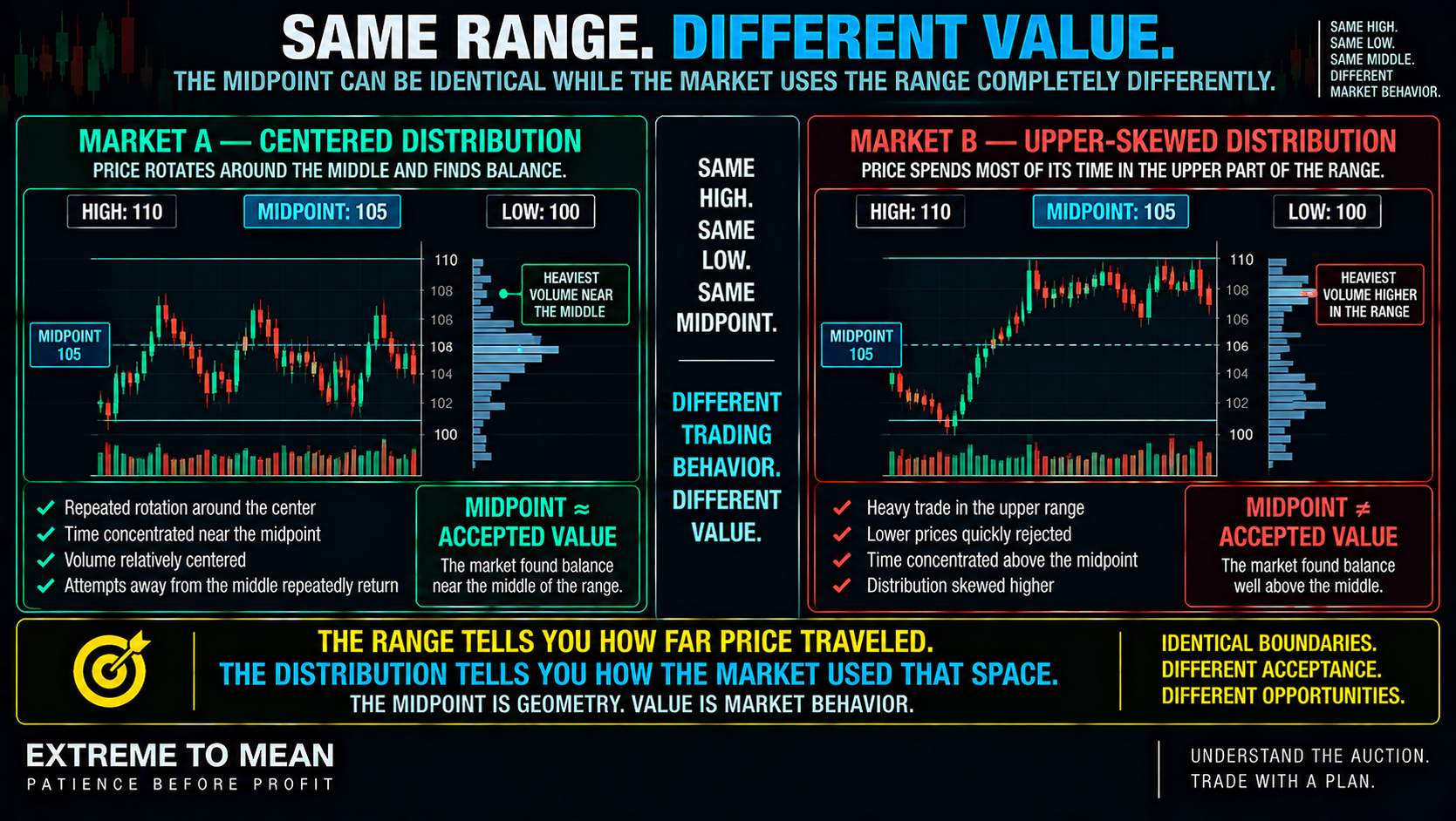 ETM comparison graphic showing two markets with identical highs, lows, and midpoints but different trading distributions, with one centered around the midpoint and the other showing accepted value skewed toward the upper range.