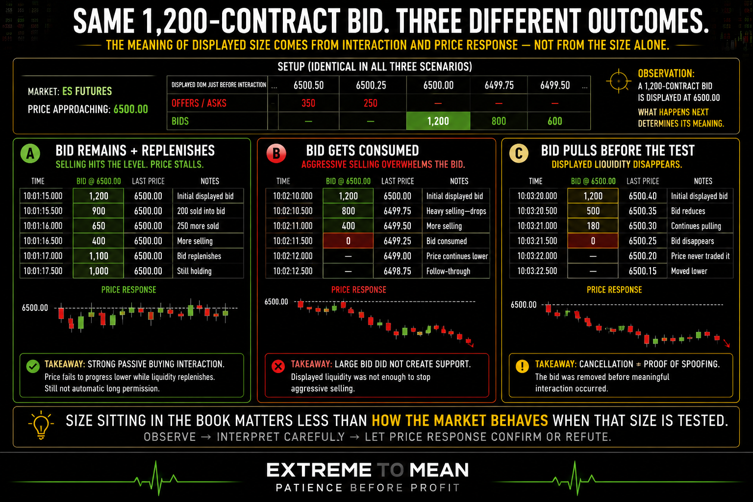Three-panel futures DOM diagram showing the same 1,200-contract ES bid replenishing and holding, being completely consumed, and canceling before interaction to demonstrate why large displayed size does not guarantee support.