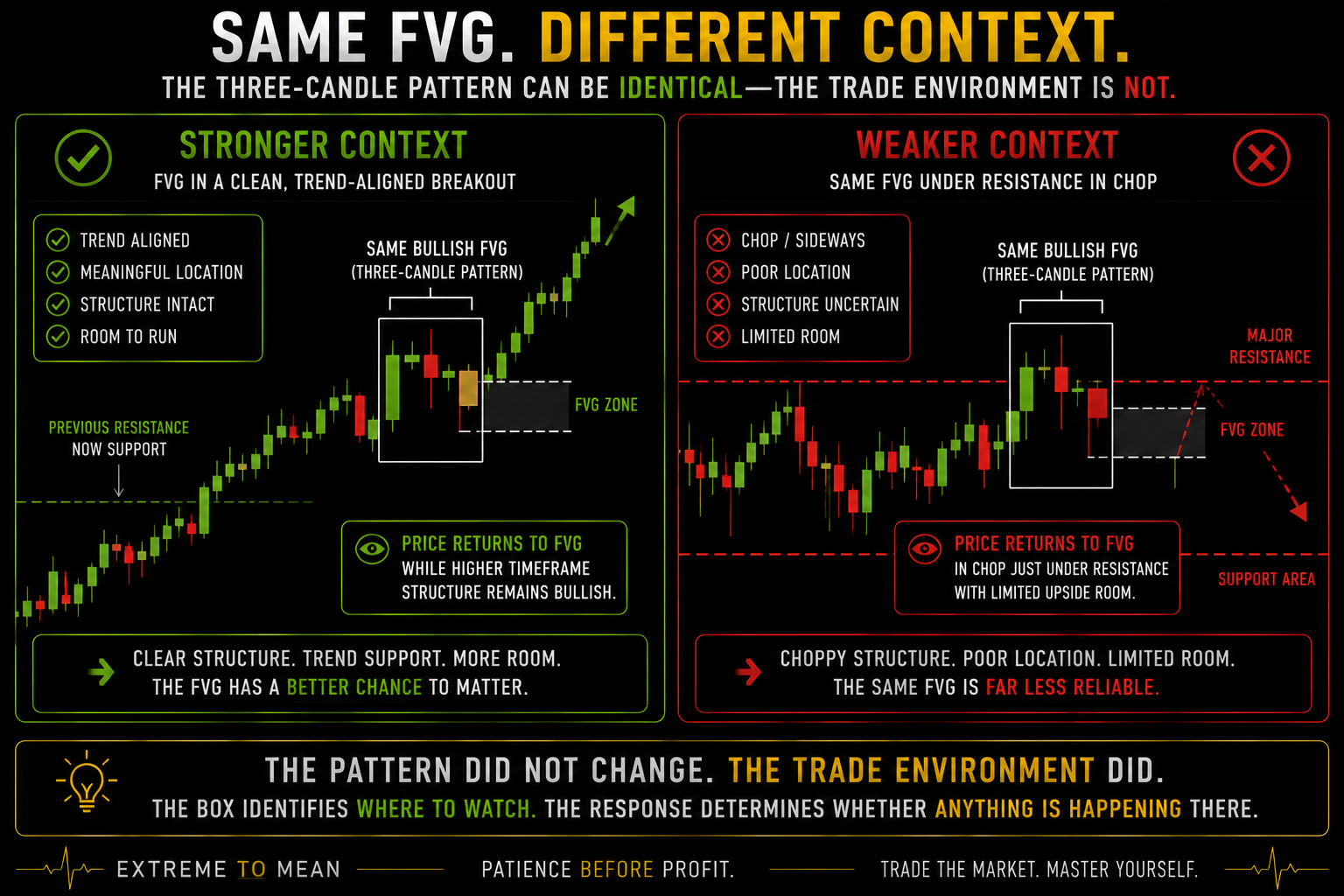 Side-by-side comparison of the same bullish Fair Value Gap pattern forming in a clean higher-timeframe uptrend after a breakout versus forming beneath resistance during choppy, extended conditions.