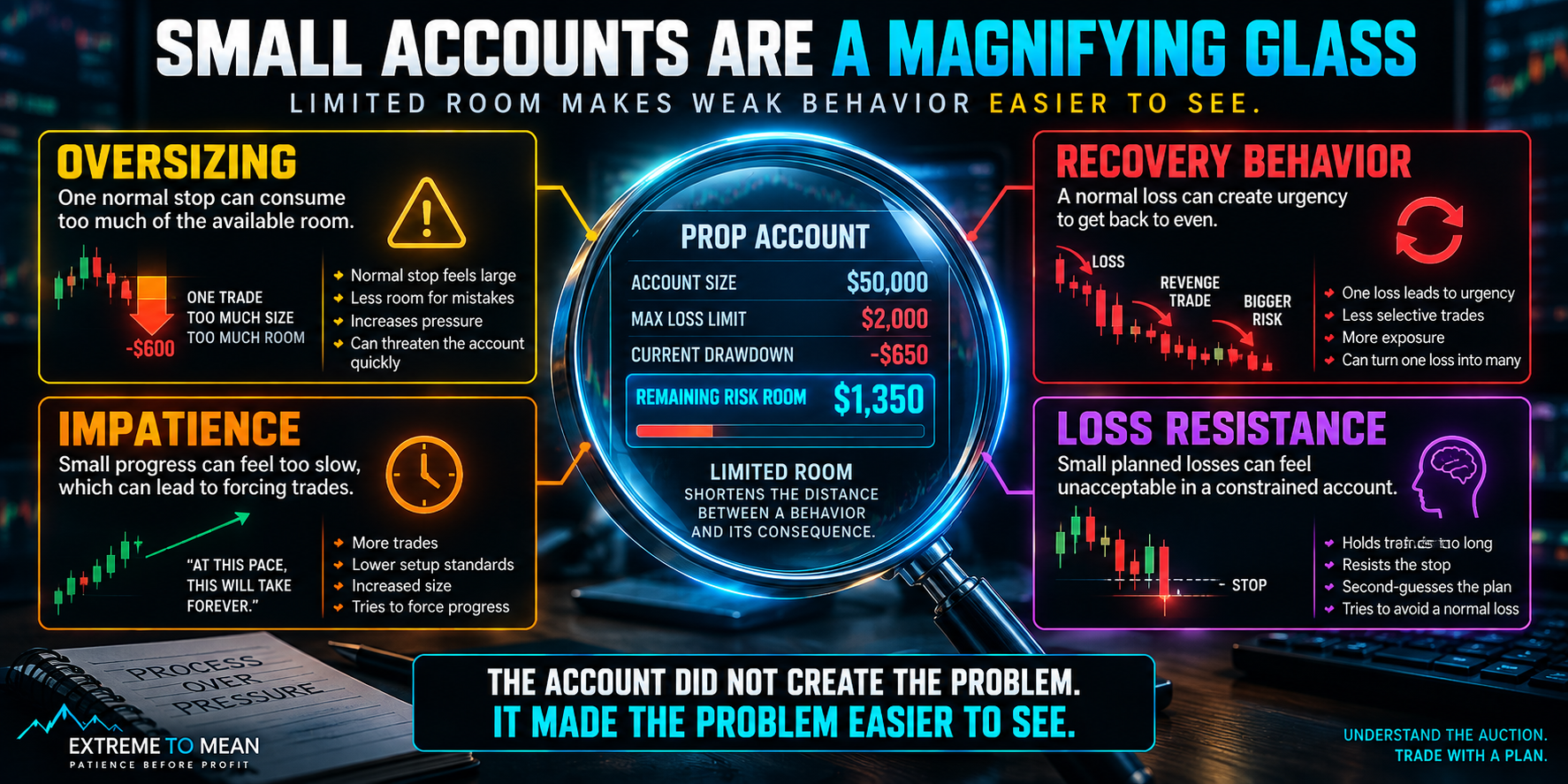 Trading infographic showing limited prop-account risk room under a magnifying glass revealing four discipline problems: oversizing, impatience, recovery behavior, and resistance to normal losses.