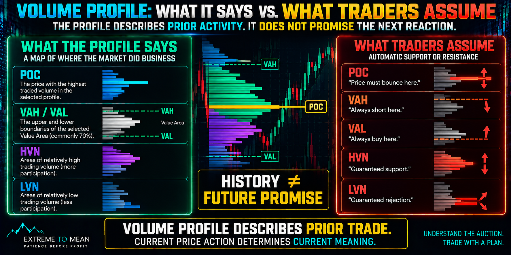 Split infographic explaining what Volume Profile features actually measure versus common assumptions, including POC as the highest-volume price, VAH and VAL as Value Area boundaries, HVNs as high participation, and LVNs as low participation rather than guaranteed support or resistance.