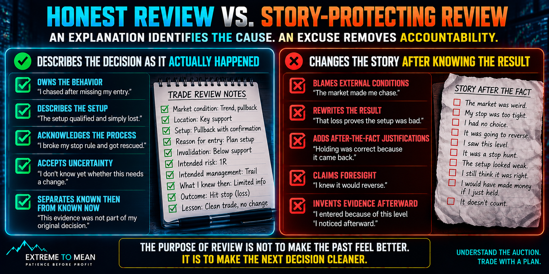 Side-by-side trade-review comparison showing honest statements that accurately describe decisions and rule violations versus story-protecting explanations that blame the market, excuse broken rules, or add evidence discovered only after the outcome.