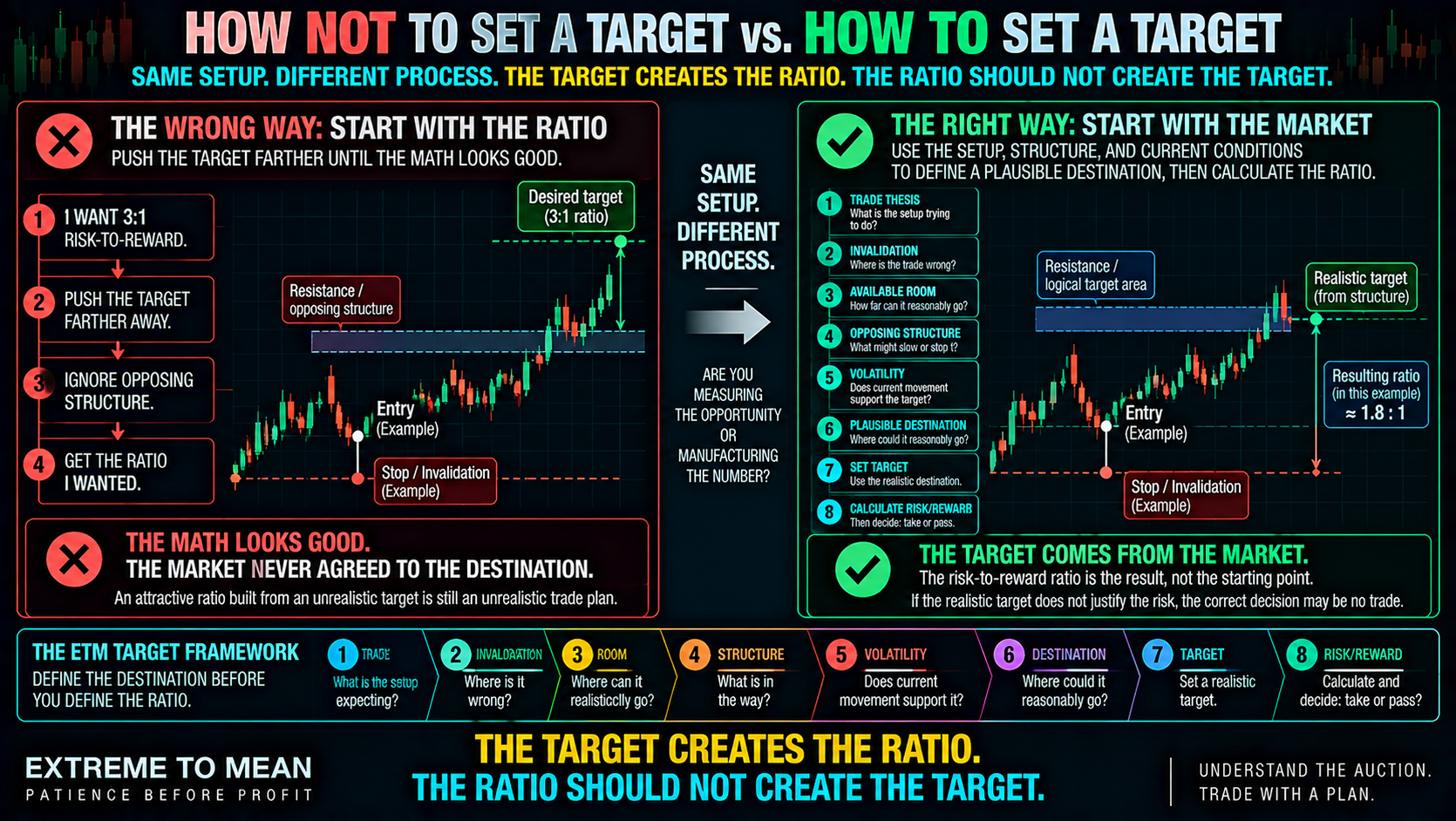 ETM split-screen infographic contrasting a wish-based target chosen to manufacture a desired 3-to-1 reward-to-risk ratio with a market-based process that uses thesis, structure, available room, volatility, and a realistic destination before calculating the resulting ratio.