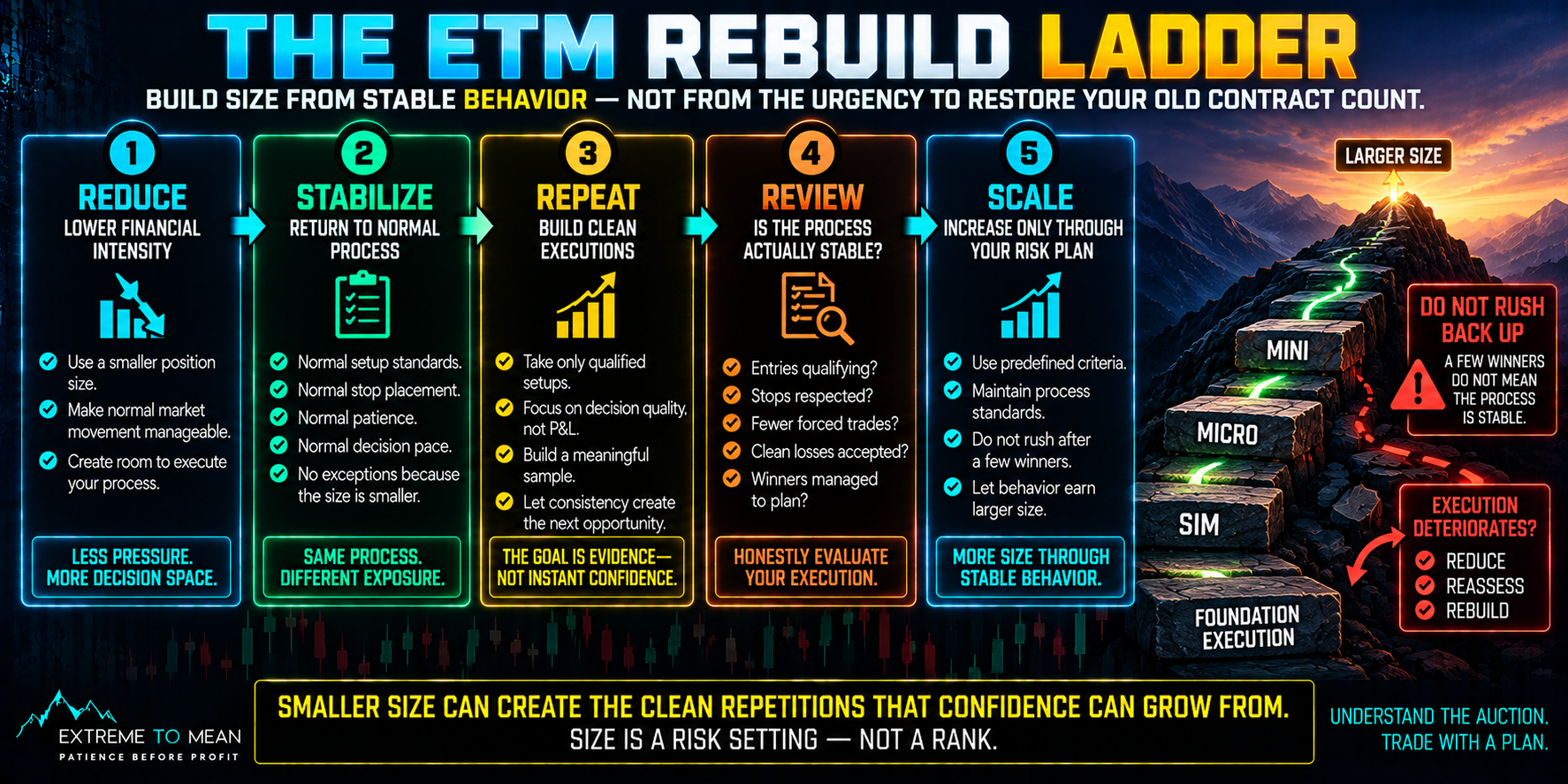 Five-stage trading rebuild process showing reduced financial exposure followed by stabilized rules and stops, repeated clean executions, review of behavioral consistency, and eventual scaling only through the trader's existing risk framework.