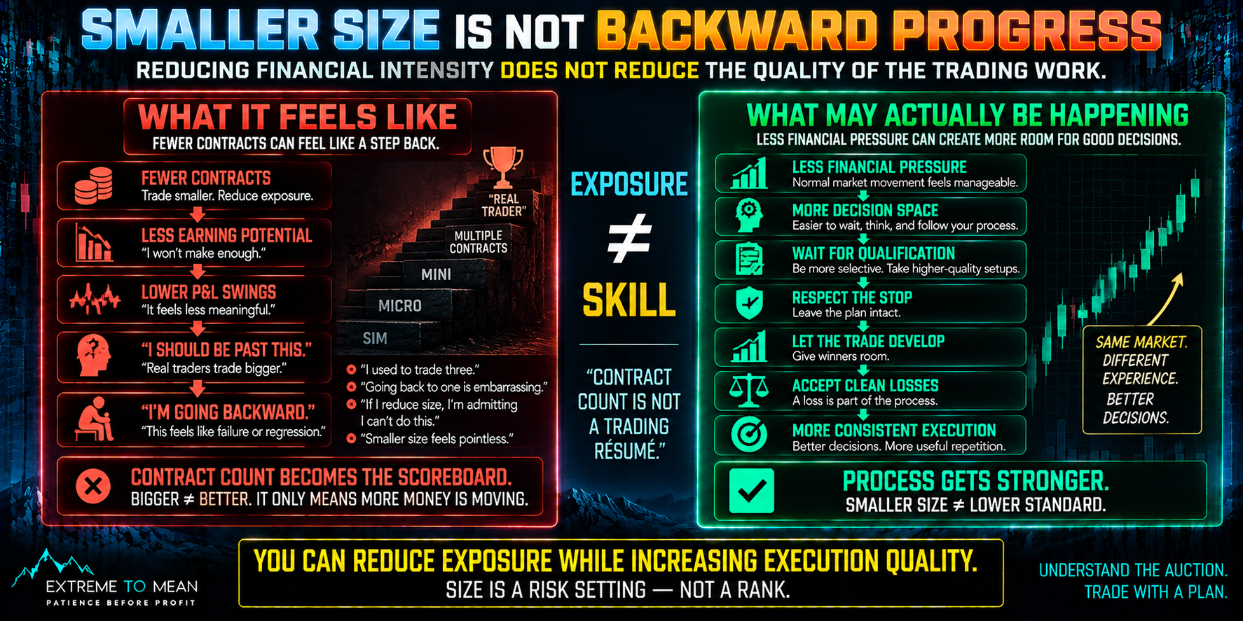 Split trading infographic contrasting the feeling that fewer contracts mean lost progress with the practical effect that lower financial pressure can create more decision space, cleaner entries, better stop discipline, improved trade management, and more consistent execution.