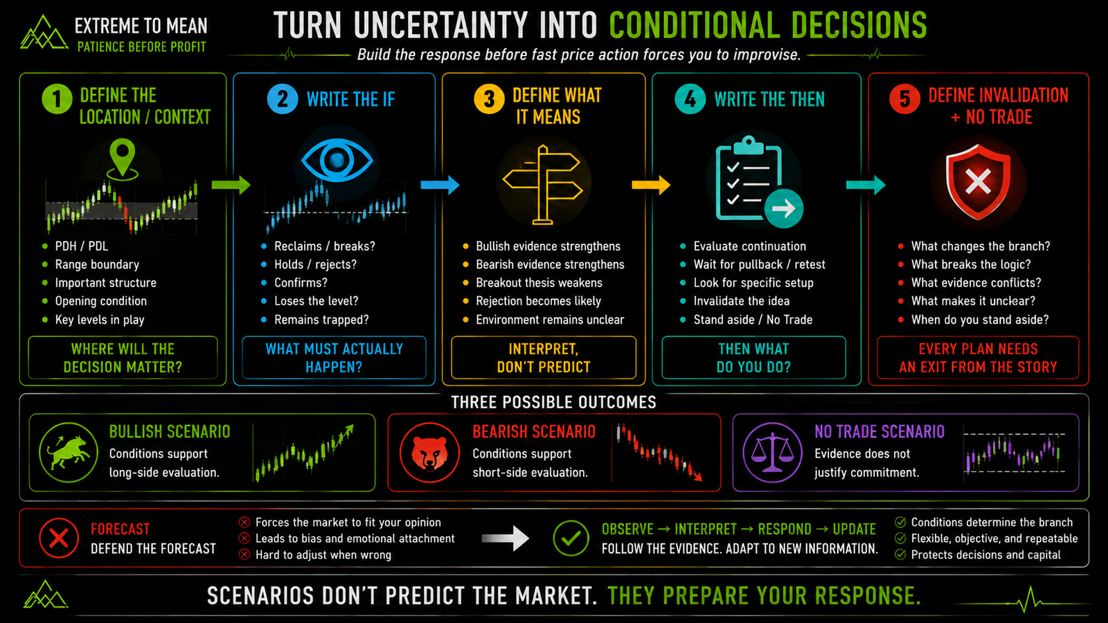 Five-stage If-Then trading-rule framework showing how traders define decision context, observable conditions, interpretation, response, invalidation, and a No Trade branch.