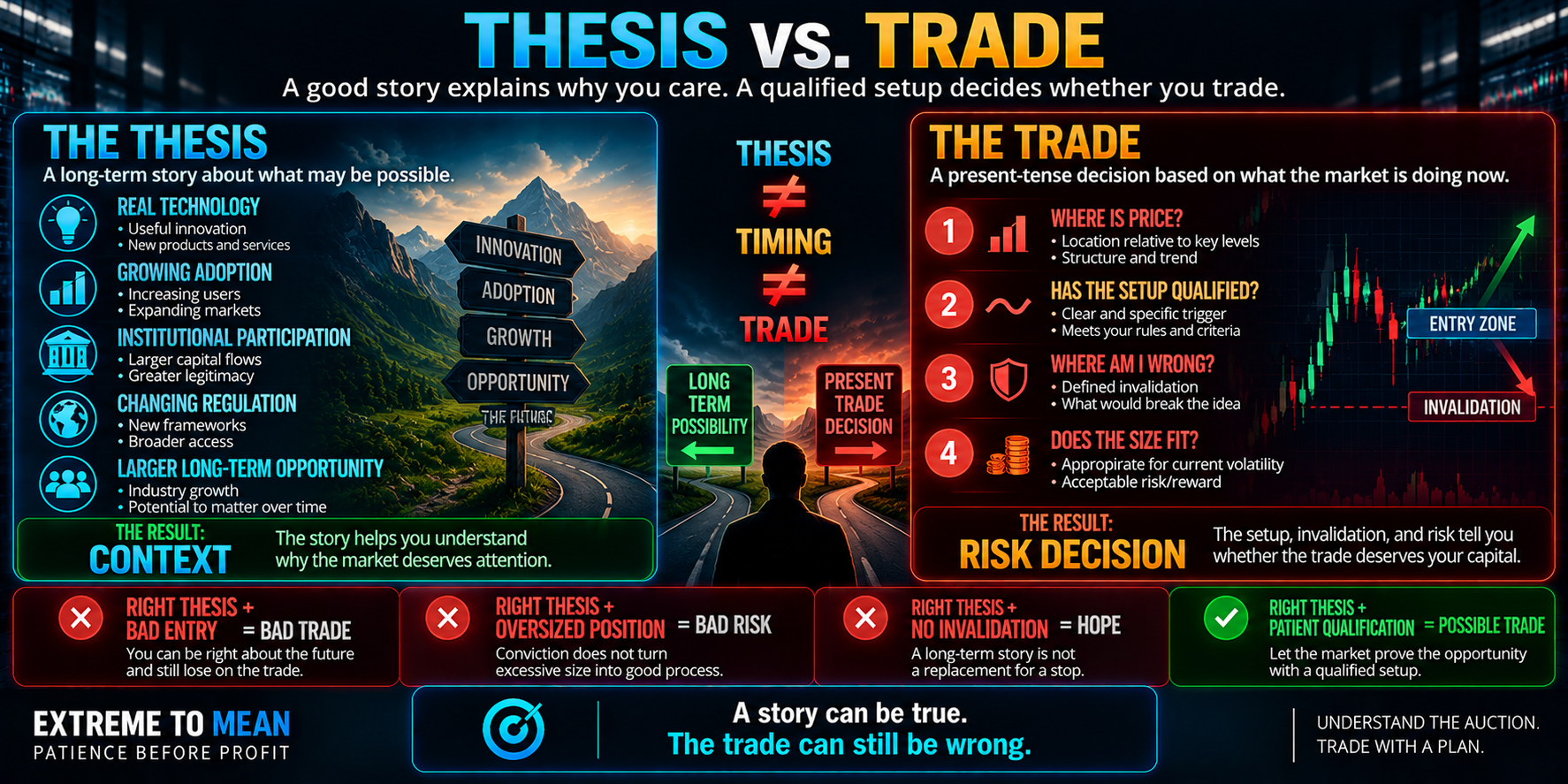 Split comparison between a long-term thesis based on technology, adoption, and future relevance and a present-tense trade decision based on current price, setup qualification, invalidation, and appropriate position size.