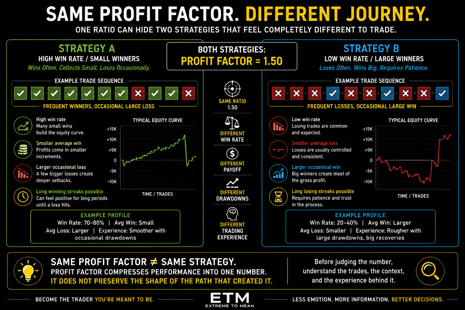 Split-screen comparison of two trading strategies with the same 1.50 Profit Factor, one using frequent small winners with occasional larger losses and the other using frequent small losses with occasional larger winners.
