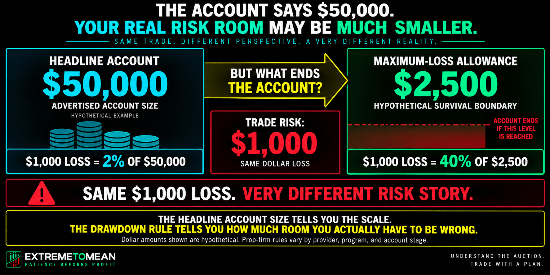 Landscape prop-trading risk diagram comparing a hypothetical $50,000 advertised account with a $2,500 maximum-loss allowance and showing how a $1,000 trade represents 2 percent of the headline balance but 40 percent of the actual hypothetical loss cushion.
