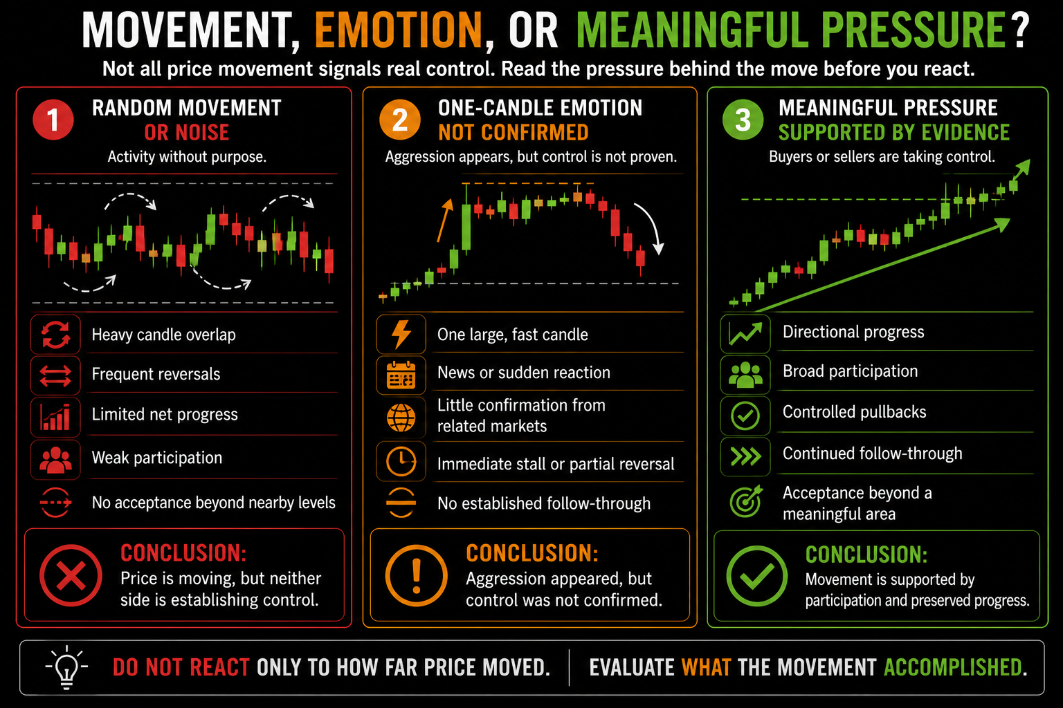 Horizontal three-panel comparison showing random overlapping price movement, a fast emotional candle without confirmation, and meaningful directional pressure supported by participation, follow-through, and acceptance.