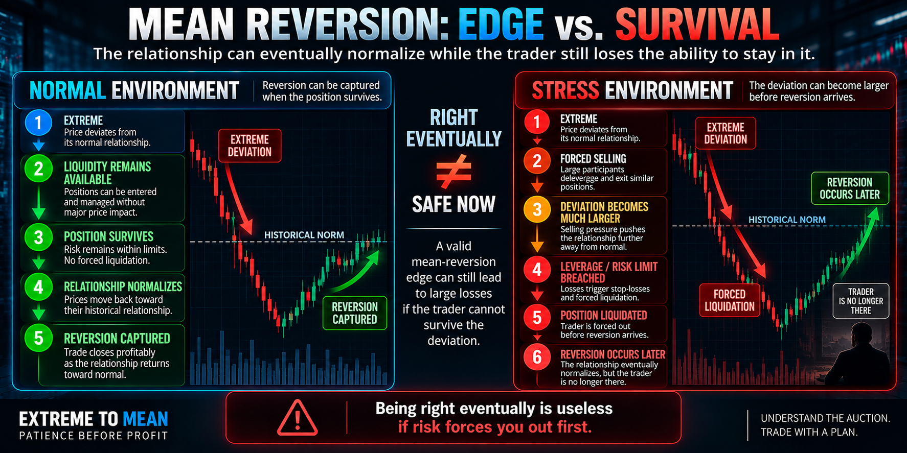 Split comparison showing a normal mean-reversion environment where liquidity remains available and the position survives until normalization versus a stress environment where forced selling enlarges the deviation until risk limits force liquidation before later reversion.
