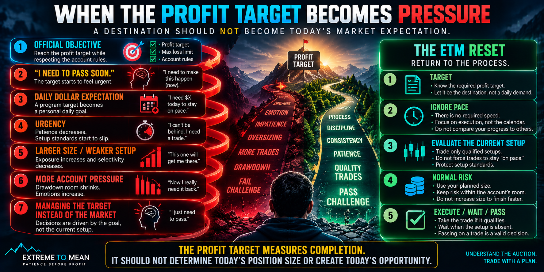 Flowchart showing a prop evaluation profit target turning into pressure through urgency, larger size, weaker setups, and extra trades, alongside an ETM reset that returns attention to the current setup and normal risk.