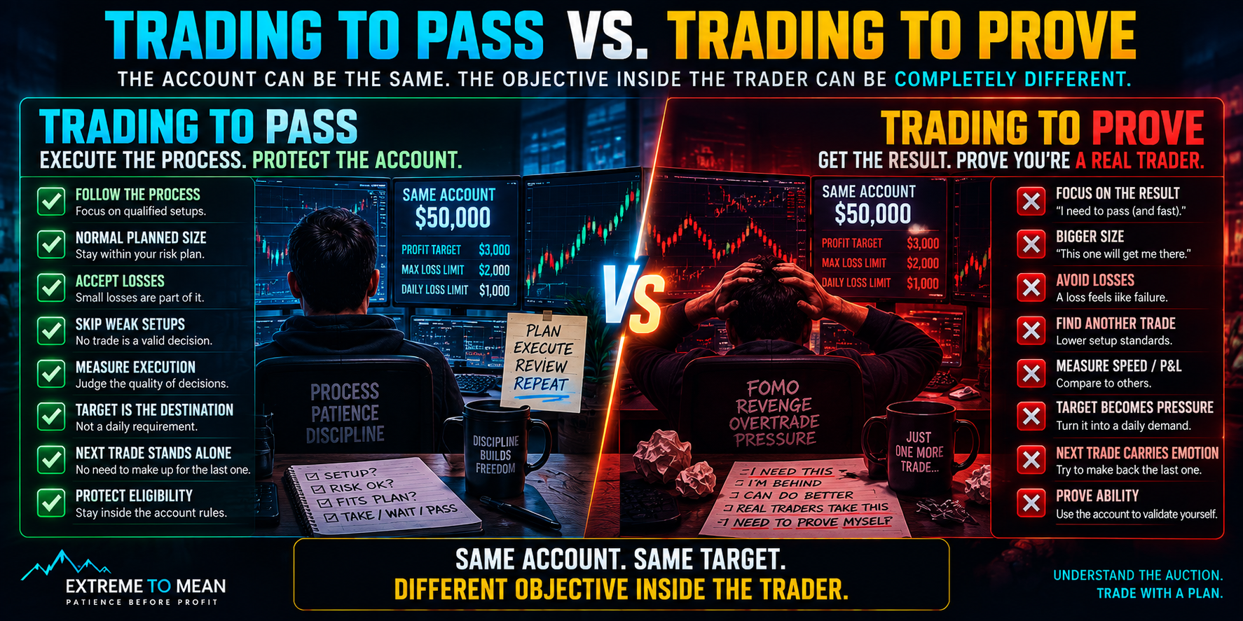 Side-by-side comparison of trading a prop evaluation to follow the process versus trading to prove ability, contrasting planned size, loss acceptance, setup standards, progress measurement, and account protection.