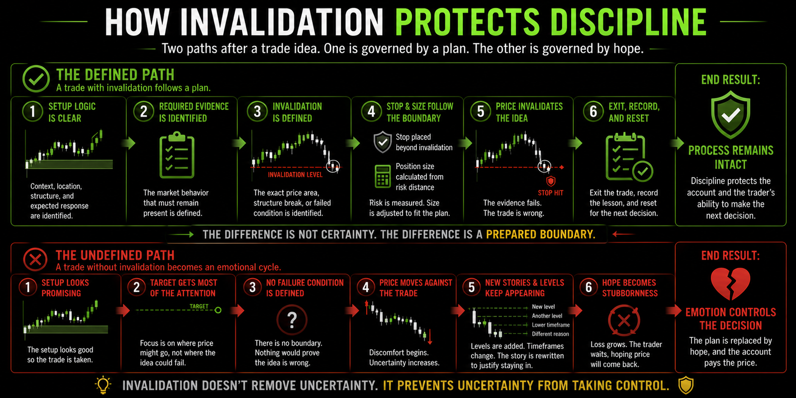 Horizontal comparison showing a defined invalidation path leading from setup logic to a disciplined exit and an undefined path leading from uncertainty to changing stories, stubbornness, and emotional management.