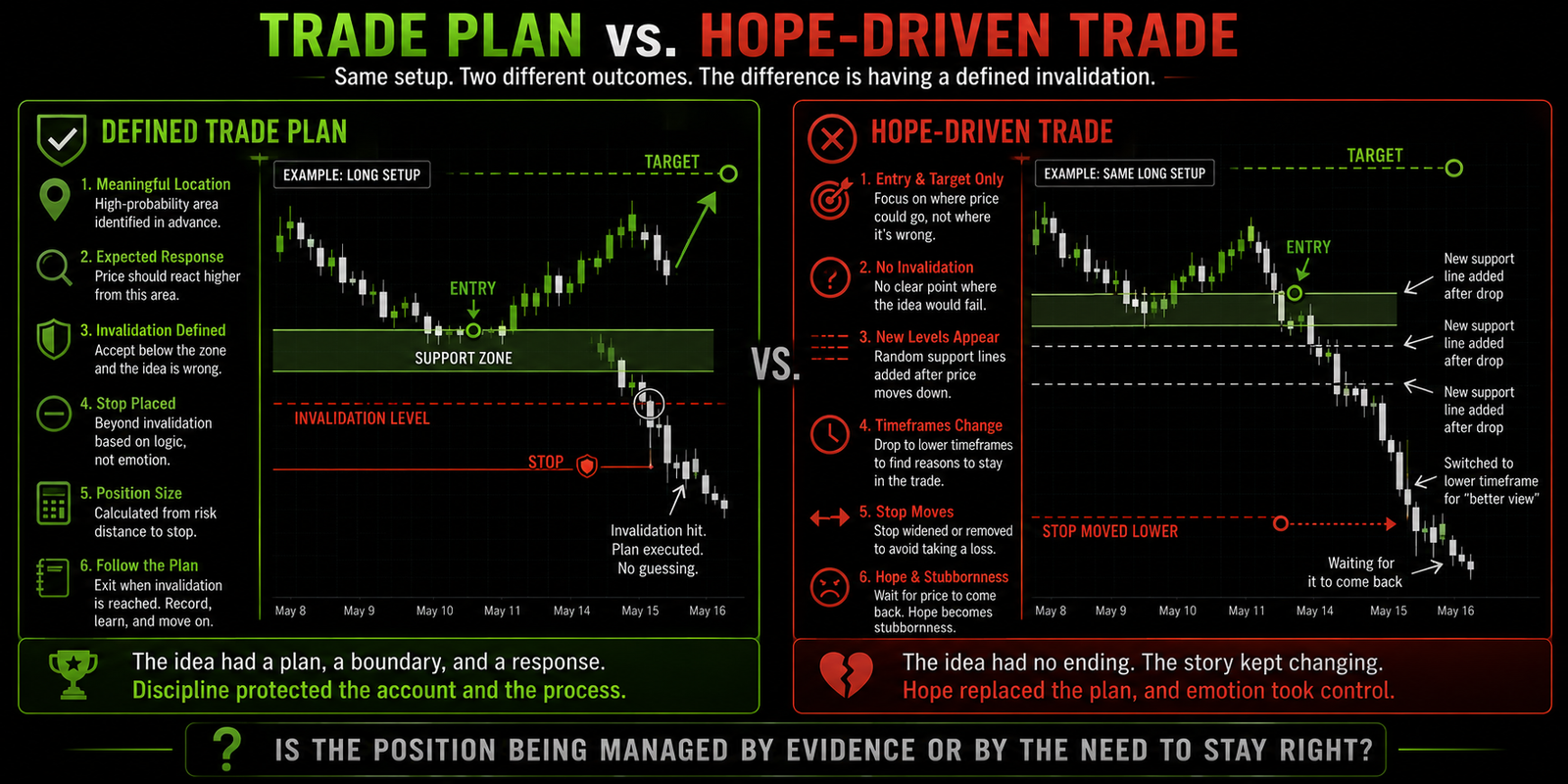 Horizontal split-screen comparison between a planned trade with defined invalidation, stop, and position size and a hope-driven trade where levels, timeframes, and the exit story change after entry.