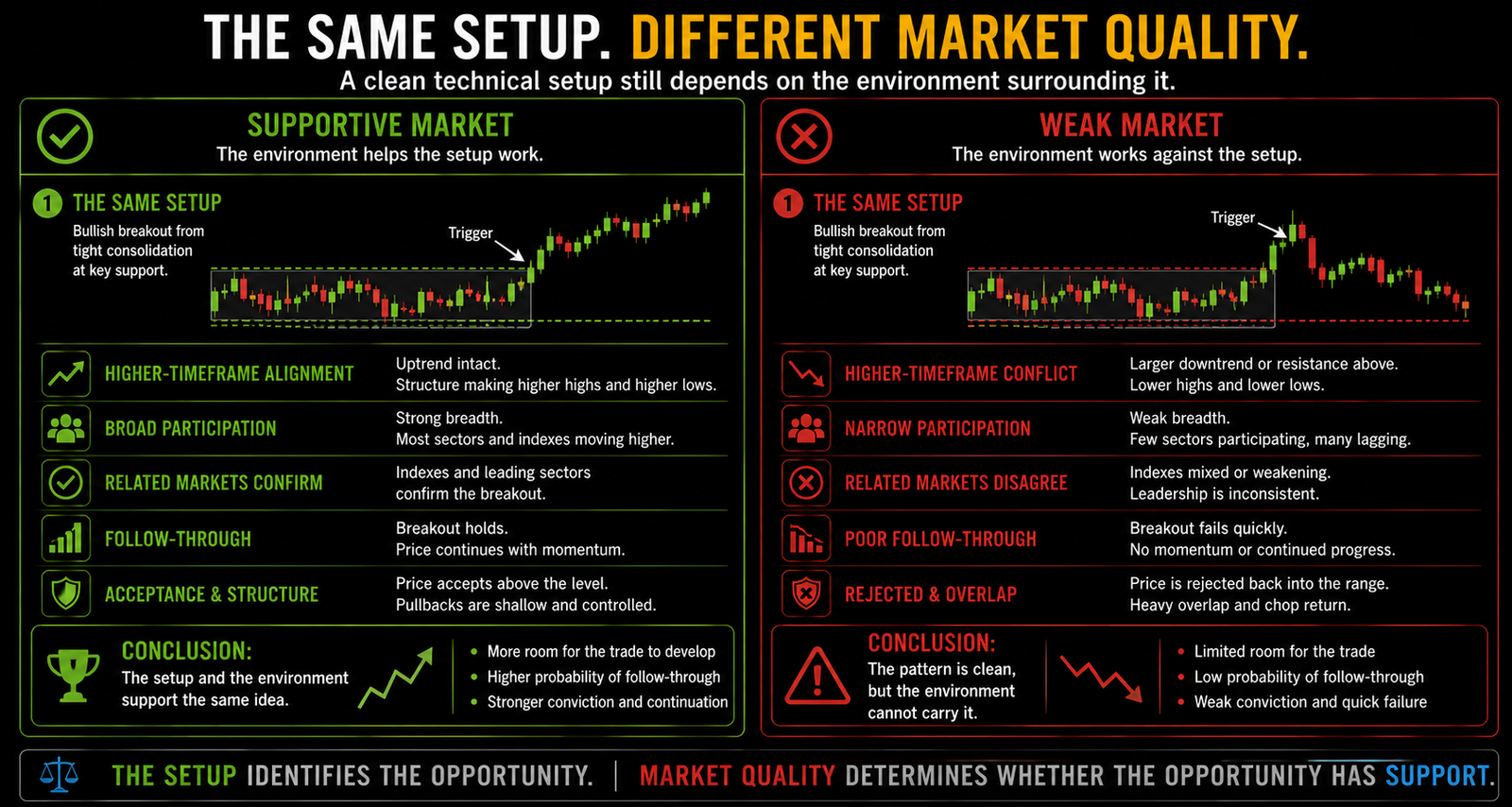 Horizontal split-screen comparison showing the same clean technical setup succeeding in a supportive market with broad participation and failing in a weak market with conflicting structure and poor follow-through.