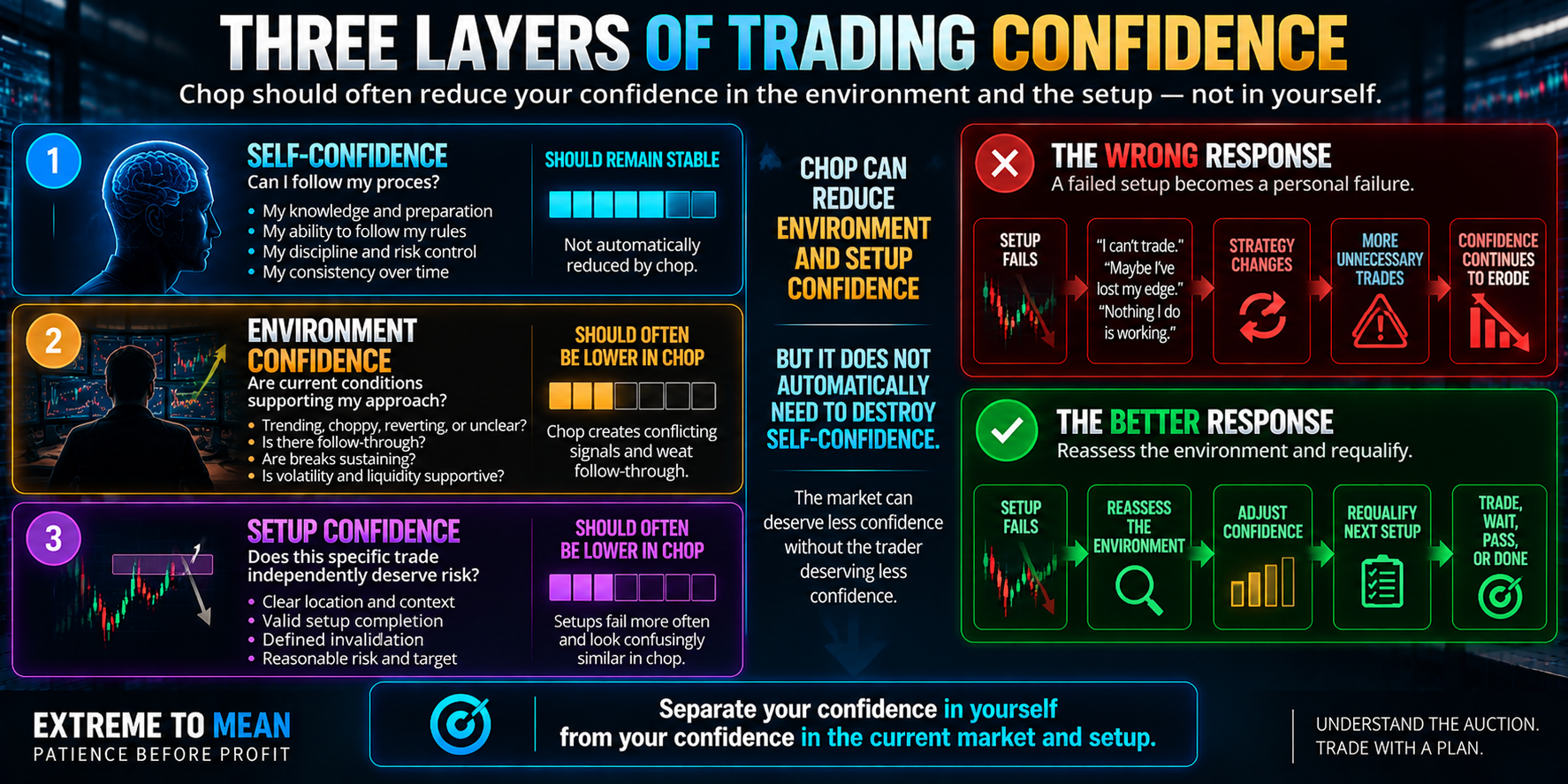 Three-layer diagram separating self-confidence in following a process, confidence that the current market environment supports the approach, and confidence that a specific setup deserves risk, showing that chop can reduce the latter two without automatically destroying self-confidence.