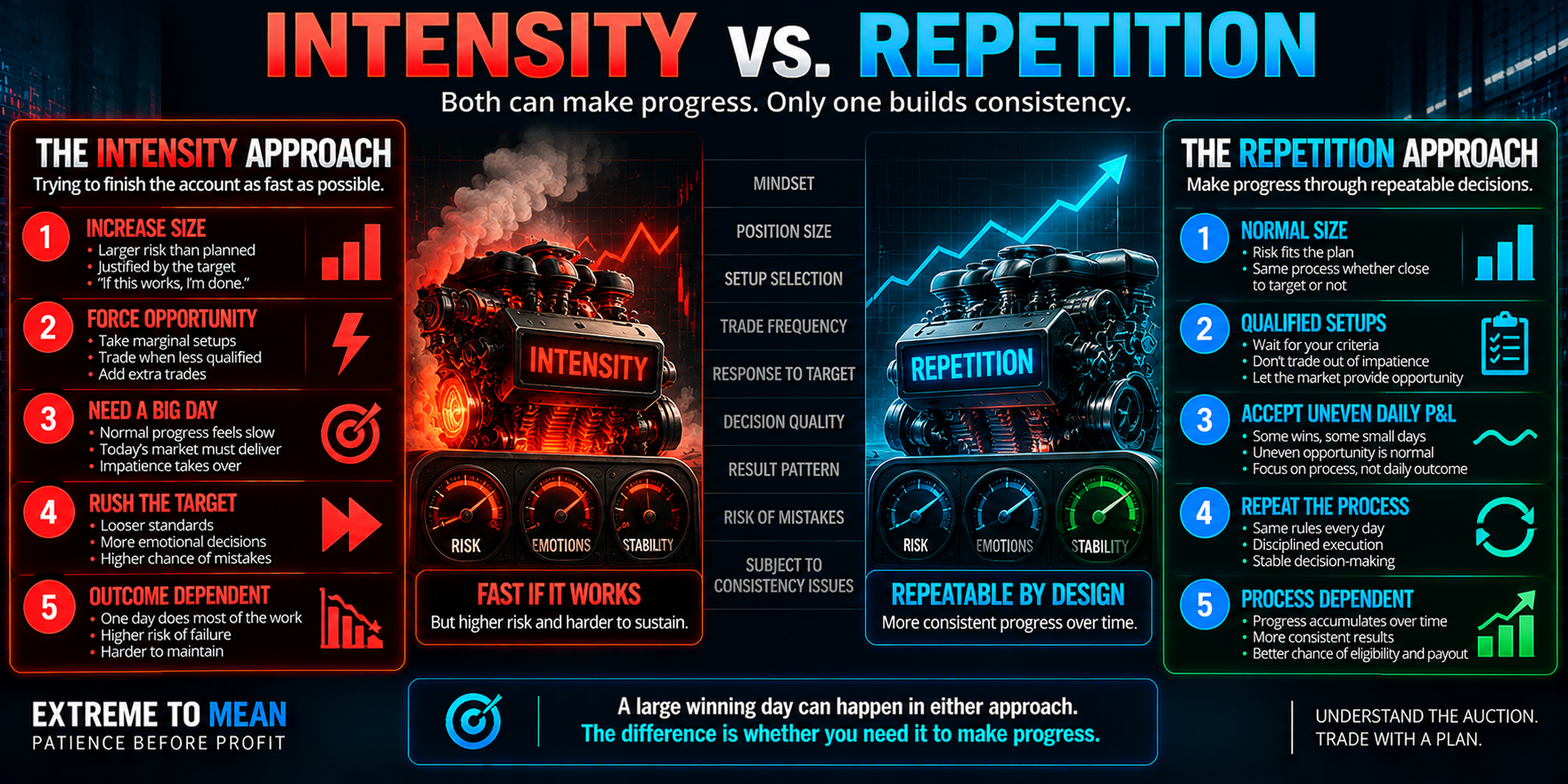Comparison showing an intensity-driven prop trading approach based on oversizing, forcing opportunities, needing a big day, and rushing the target versus a repetition-driven approach using normal size, qualified setups, uneven daily P&L, and a repeatable process.