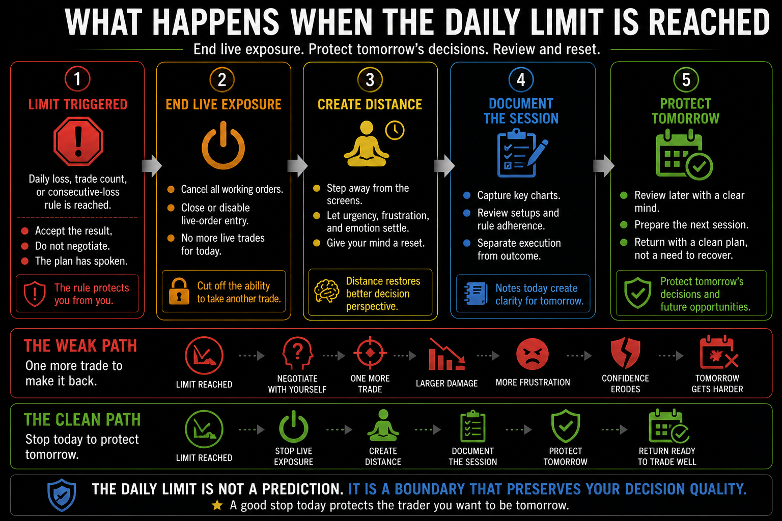Five-stage shutdown process showing a trader ending live exposure after reaching the daily loss limit, creating distance, documenting the session, and preparing for the next trading day.