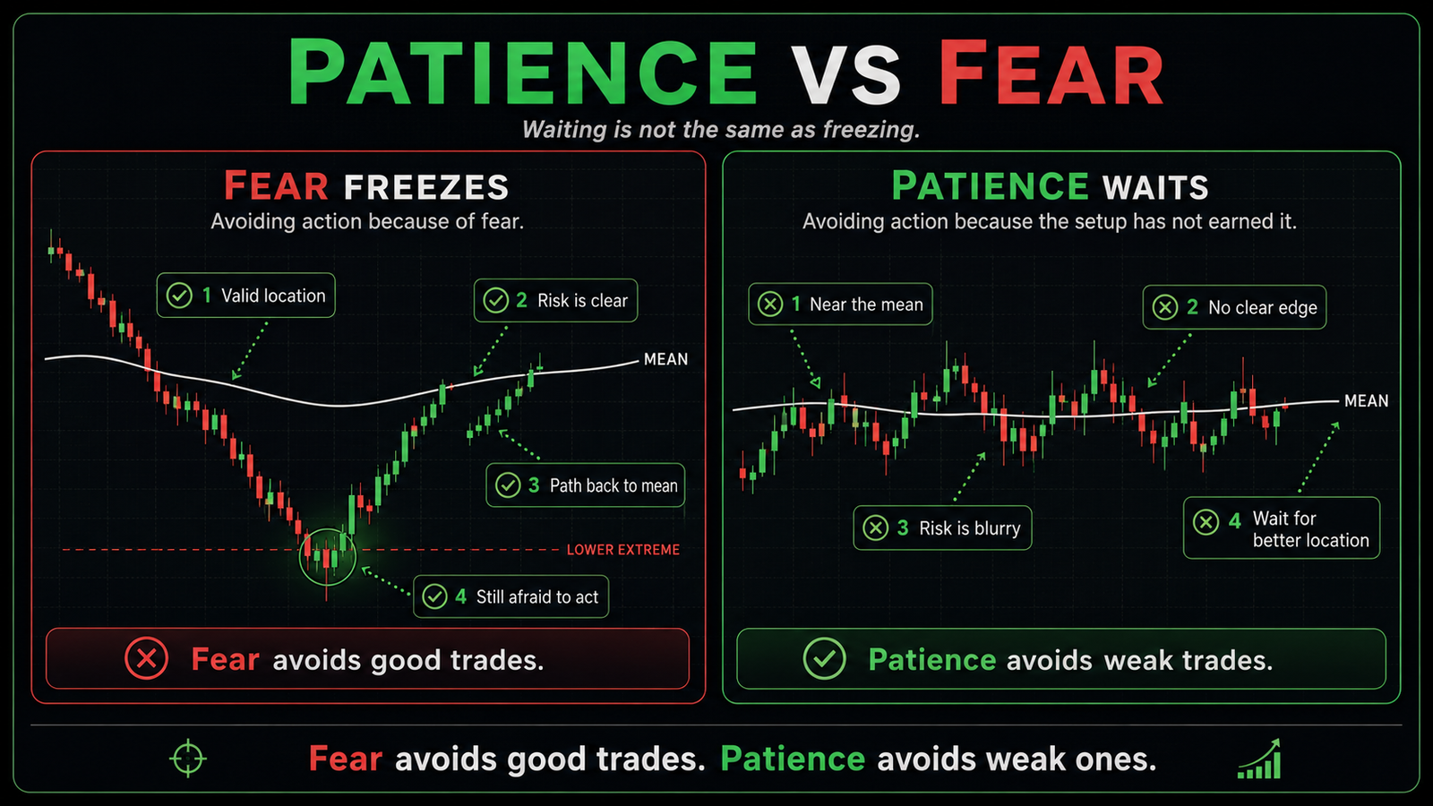 Trading lesson graphic comparing fear freezing a trader versus patience waiting for a setup that has earned action.