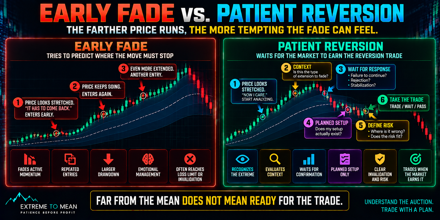 Split infographic contrasting an early mean-reversion fade entered simply because price looks stretched with a patient reversion process that evaluates context, waits for directional pressure to weaken, requires a planned setup, and defines invalidation before deciding.