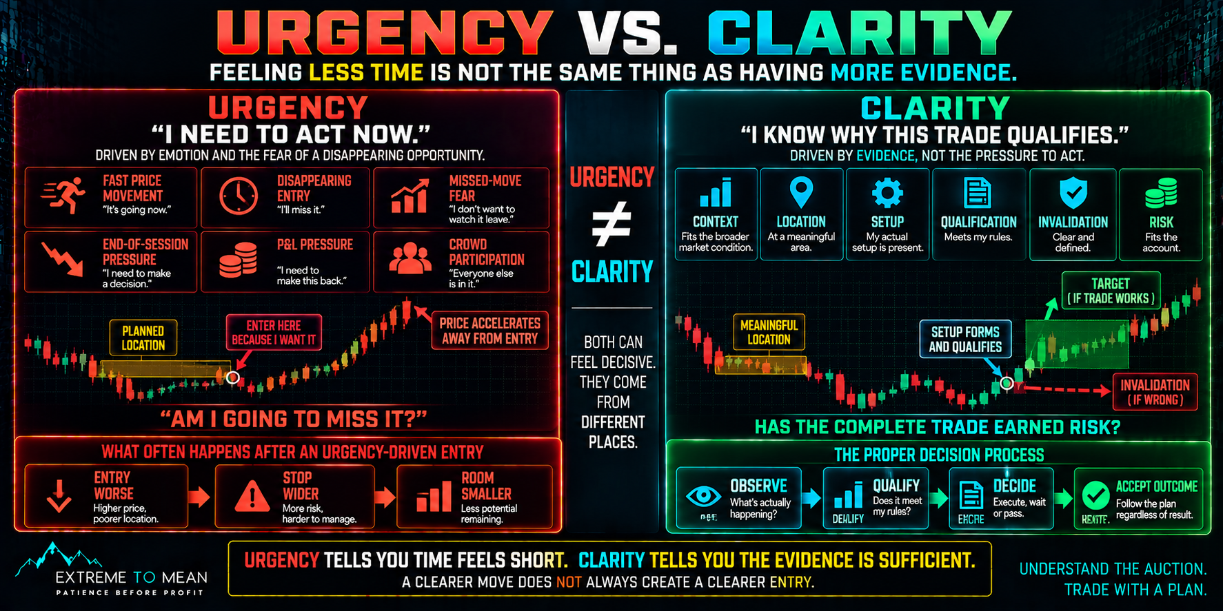 Split trading infographic comparing urgency driven by fast price movement, disappearing entries, FOMO, time pressure, and P&L pressure with clarity built from context, location, setup, invalidation, risk, and predefined rules.