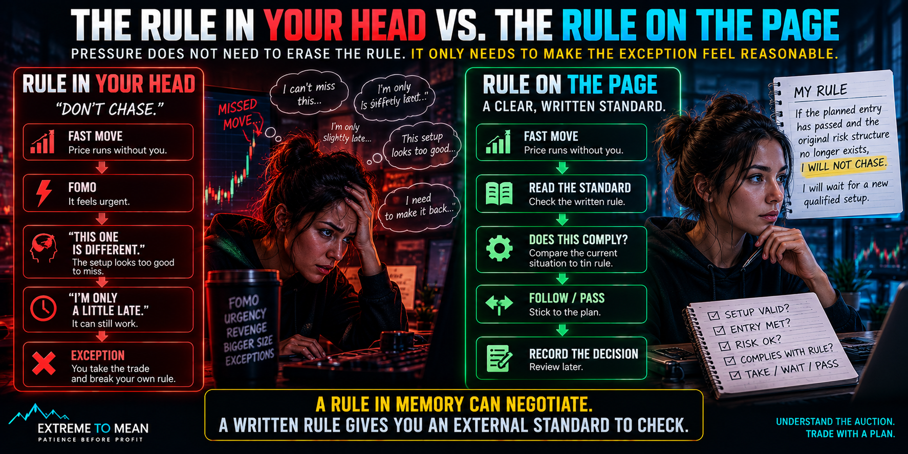 Split trading infographic comparing a remembered “don’t chase” rule that becomes increasingly flexible under FOMO with a written rule that directs the trader to read the standard and decide whether the desired action complies.
